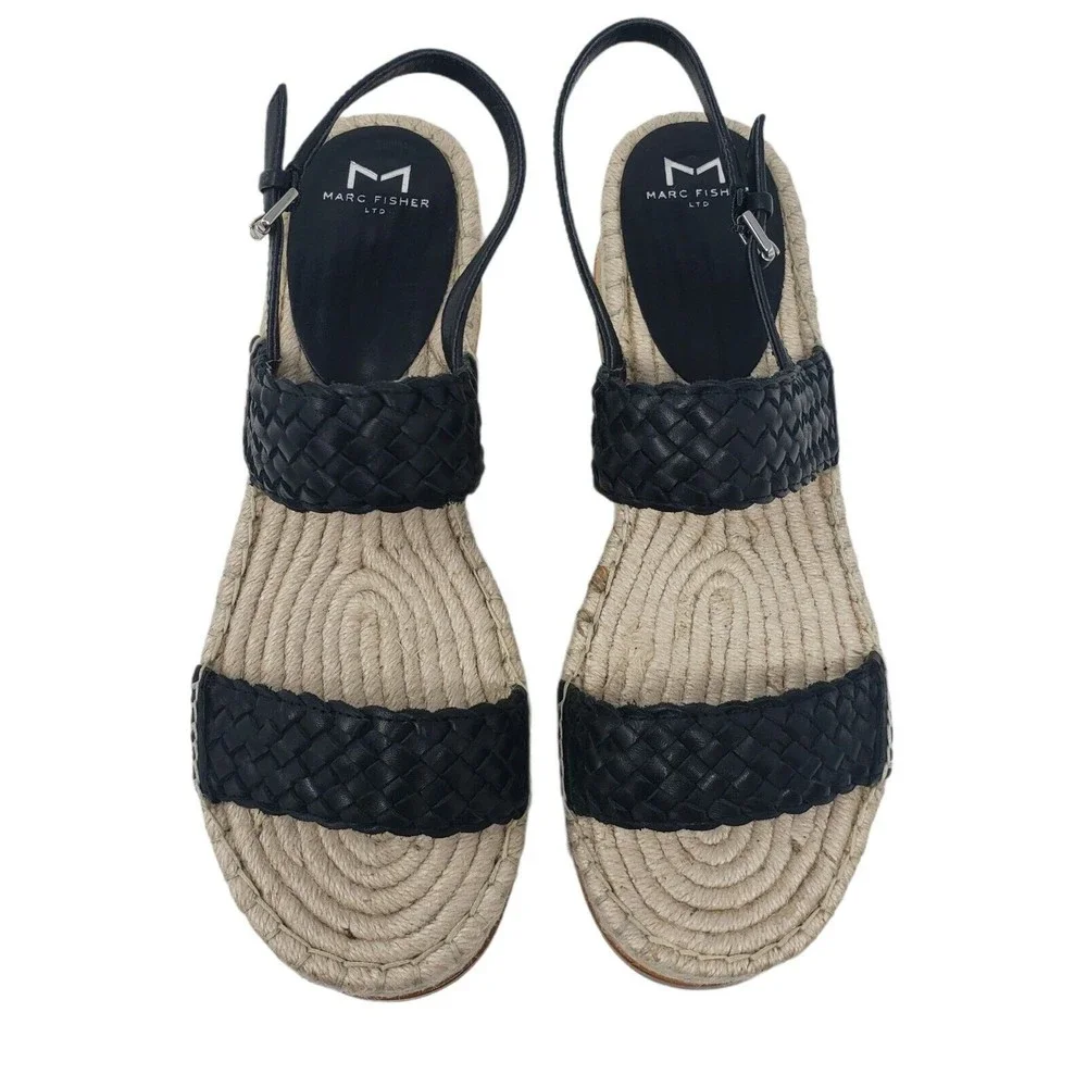 Marc Fisher Gabli Leather Braided Straps Platform Wedge Sandal Black Size 10 NEW